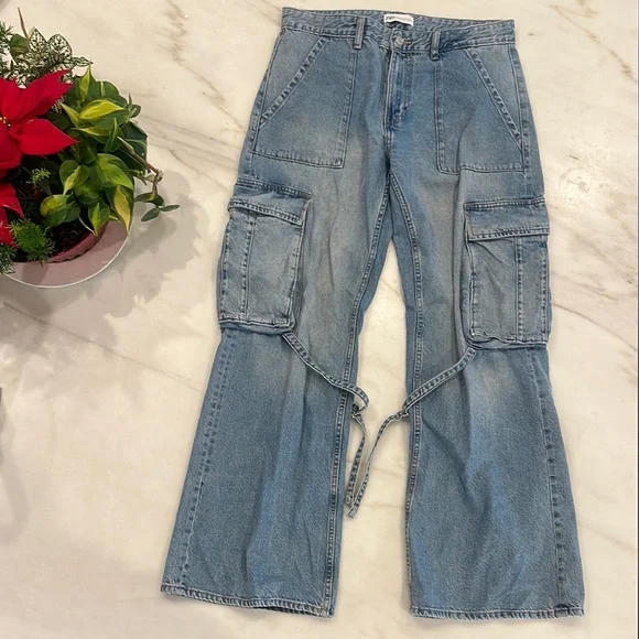 ZARA women’s size 8 wide leg cargo style blue jeans boyfriend - Picture 1 of 10